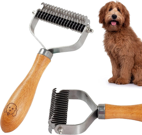 Pet Dematting Comb for Dogs and Cats - Wooden Handle Deshedding Rake for All Hair Types