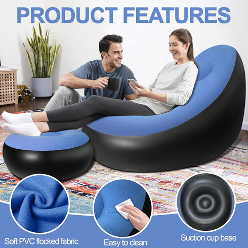 SeaSlep Inflatable Chair with Ottoman, Inflatable Couch for Adults with Flocked Surface, Comfortable Blow Up Air Chair