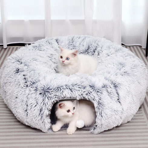 Plush Cat Tunnel with Cat Bed for Indoor Cats, Multifunctional Donut Tunnel for Small Medium Large Cats, Kittens,