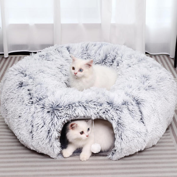 Plush Cat Tunnel with Cat Bed for Indoor Cats, Multifunctional Donut Tunnel for Small Medium Large Cats, Kittens,