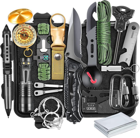Survival Kit 19 in 1 Emergency Gear and Equipment for Men, Fishing Hunting Birthday Camping Accessories