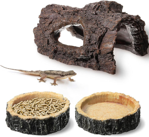 Reptile Hide, Food Bowls, Lizard Resin Hollow Tree Trunk Hideout, Bearded Dragon Tank Accessories, 3 Pcs (Brown Rock)