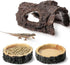 Reptile Hide, Food Bowls, Lizard Resin Hollow Tree Trunk Hideout, Bearded Dragon Tank Accessories, 3 Pcs (Brown Rock)