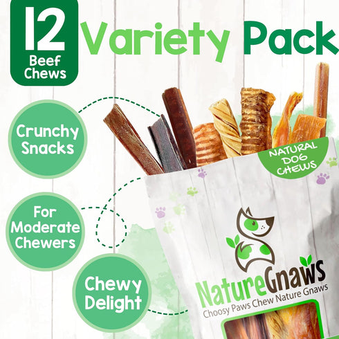 Pack (12 Count) Nature Gnaws Variety for Large Dogs - Bully Sticks, Beef Tendons and Tripe Twists for Dogs - Natural