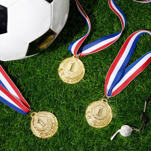 Juvale 1st Place Gold Medals for Kids & Adults - 6-Pack with 15.5 in Red, White & Blue Neck Ribbon
