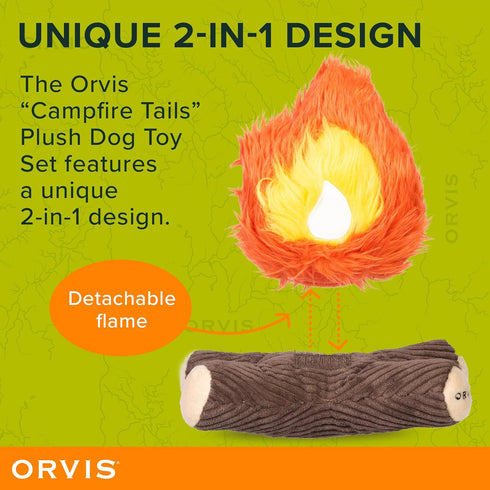 Orvis Dog Campfire Tails 2-in-1 Plush Toy Set, Durable Crinkle and Squeaker Chew Toy Set for Interactive Play