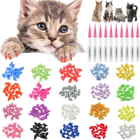 100pcs Cat Nail Caps Kitten Caps with 5pcs Adhesive Glue, 5pcs Applicators, and Instruction
