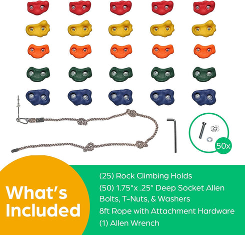 25 Jungle Gym Kingdom Rock Climbing Holds for Kids - Indoor & Outdoor Rock Wall Climbing Kit with Mounting Hardware