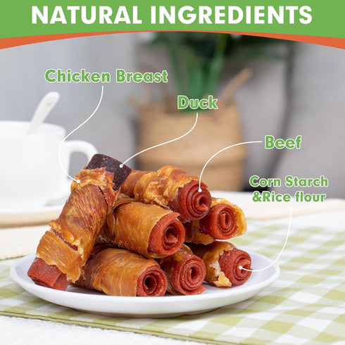 MON2SUN 3 Inch 21.16oz Rawhide Free Dog Treats, Triple Flavor Chicken Wrapped Duck and Beef Rolls for Small Dogs