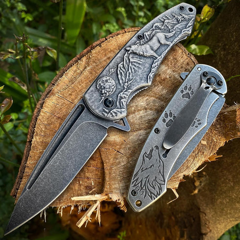 MADSABRE Wolf Pattern Folding Pocket Knife, Stone Washed Steel Handle Liner Lock with Clip Outdoor Camping Hunting EDC Tool by MADSABRE