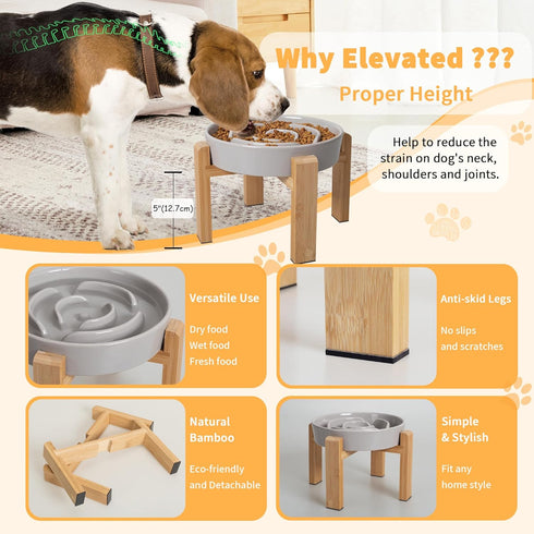 8.8 inch Elevated Slow Feeder Dog Bowl - Puzzle Maze Dish with Bamboo Stand - Raised Ceramic Food Bowl for Medium
