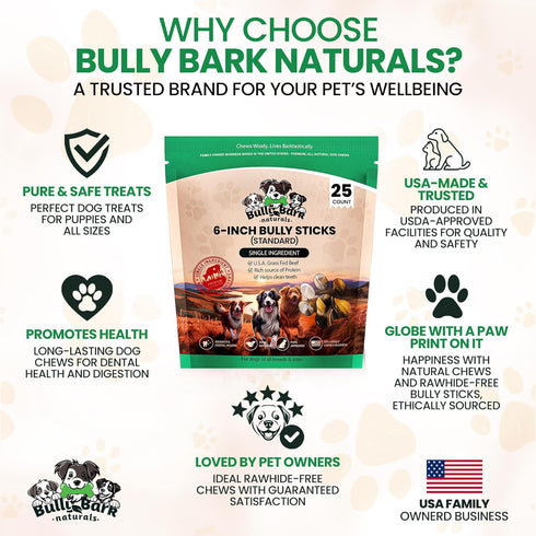 6 25 Count Standard Bully Sticks for Dogs - - Natural, Odor Free, High Protein, Grass-Fed Beef Pizzle Sticks for Dogs