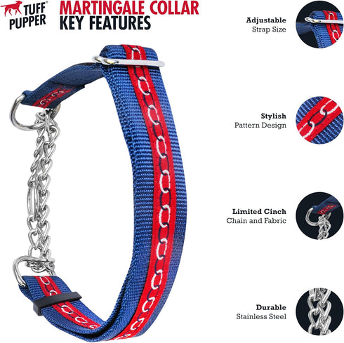 Tuff Pupper Martingale Collar for Dogs, Adjustable No Pull Training Collar, Gentle Nylon & Steel Chain, Large (18-26"