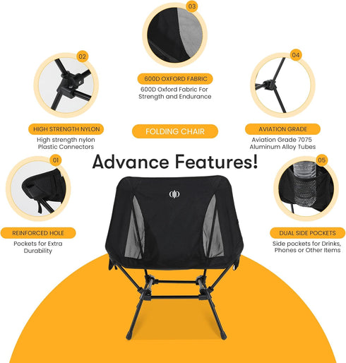 Generic 600D 7075 D-LO Ultralight Camping Chair - Black - Upgraded Dual Pocket - High Strength Oxford Fabric - Aluminum