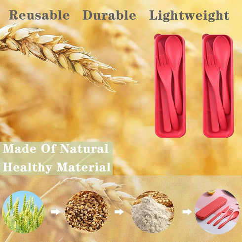 Reusable Travel Utensils Set with Case, 2 Sets Wheat Straw Portable Plastic Fork Spoons Knife Cutlery, Camping Eco-Friendly BPA Free Tableware for Kids Adults Work Picnic or Daily Use (Red) by MaoMaoCha