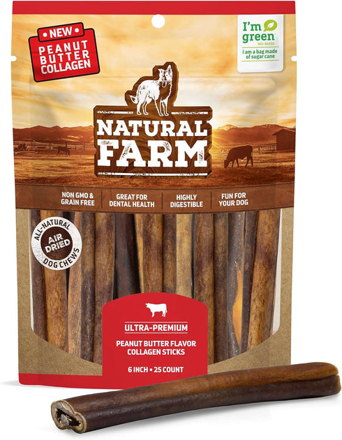 Natural Farm Peanut Butter Flavor Collagen Sticks for Dogs - 6 Inch, 25 Pack, Low-Fat Dental Treats