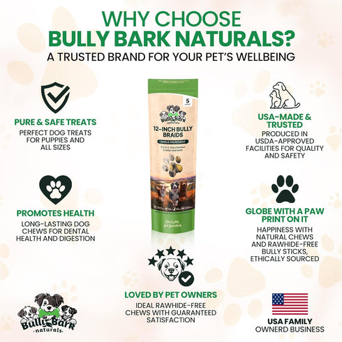 12 3 Count 100% Odor Free Braided Bully Sticks for Dogs - - Natural Grass-Fed Beef Braided Dog Chews, High Protein