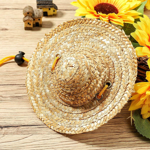 Popetpop Adjustable Pet Straw Hat, Sun Protection for Small Dogs and Cats, Garden Beach Cap (Khaki, Size S)