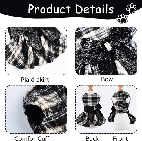 Small Dog Dress, Yorkie Sweater Girl Plaid Fleece Apparel for Chihuahua Cat, Cute Warm Puppy Clothes