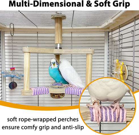 360 Bird Spinning Toy with Feeding Cup, Rotating Bird Perch Toy with Rope-Wrapped for Soft Grip, Interactive Bird Toys