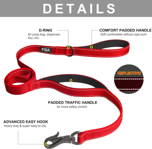 Fida 6 FT Heavy Duty Dog Leash with 2 Comfortable Padded Handles, Traffic Handle & Advanced Easy Snap Hook, Reflective Walking Lead for Large, Medium & Small Breed, Red