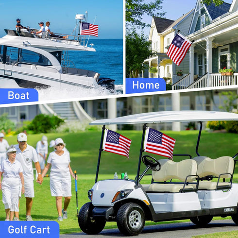 TOBWOLF 2PCS 12" x 18" Golf Cart Flags - Easy Installation Embroidery American Flags with Elastic Strap Bracket