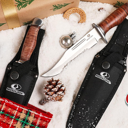 Mossy Oak 2-piece Bowie Knife, Fixed Blade Hunting Knife with Leather Handle