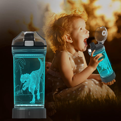 5-7 8-12 3D 14 OZ Lightzz Dinosaur Water Bottle, Dinosaur Toys for Boys with Glowing Light, Christmas Gifts White