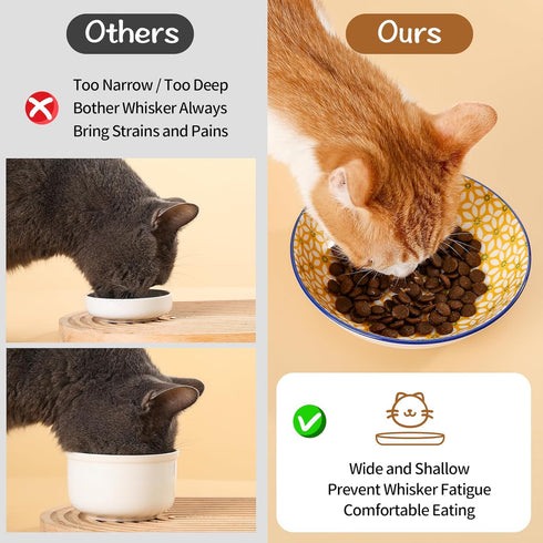 Ceramic Cat Bowls Set of 6, Floral Series Colorful Dishes with Non-Slip Mat, 5.75" Shallow Wide Cat Food Plate