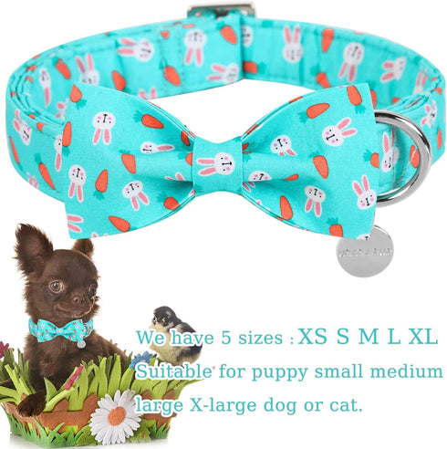 Easter Dog Collar with Bow Tie, Cotton Easter Bowtie Collar for X-Large Girl Boy Dog, Cute Carrot Pet Collar with Metal Buckle, Easter Day Gift Rabbit Dog Collar, XL, Neck 16-26in