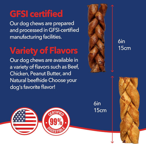100% 6in 6 inches (Pack 6) Pet Factory USA Made Natural Beefhide Dog Chew Sticks - Braided Dog Rawhide Bones with Beef