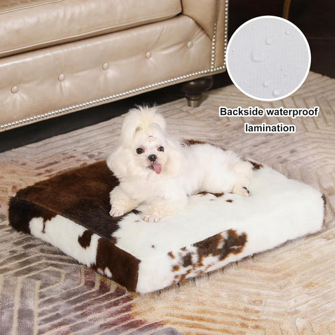 Bedfolks Waterproof Dog Crate Bed, Plush Dog Bed with Removable Washable Cover, Cow Print, 23"x18", Fluffy Dog Pad for