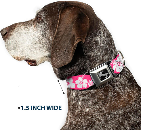 Buckle-Down Hibiscus Dog Collar Bone, Neon Pink/White, 1" Wide - Fits 9-15" Neck - Small