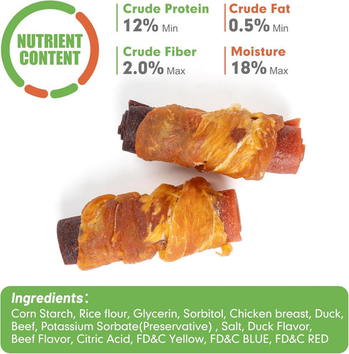 MON2SUN 3 Inch 21.16oz Rawhide Free Dog Treats, Triple Flavor Chicken Wrapped Duck and Beef Rolls for Small Dogs