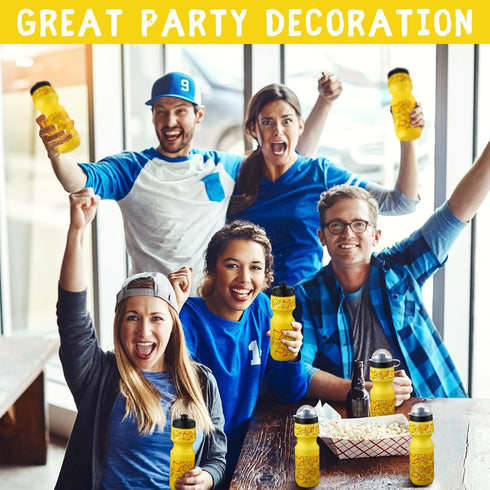 Hosuly 24 Pcs 24 oz Baseball Water Bottle Set, Drawstring Bag, 12 Reusable Plastic Tumblers for Party Favor (Yellow)