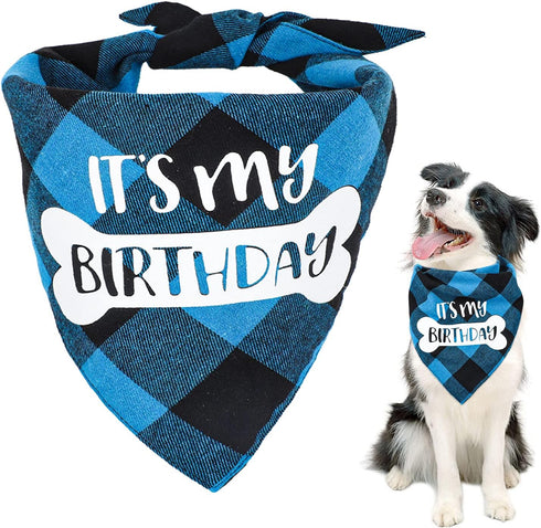 VIPITH Double Sided Cotton Dog Birthday Bandana Girl Boy, Washable Reversible Plaid Painting