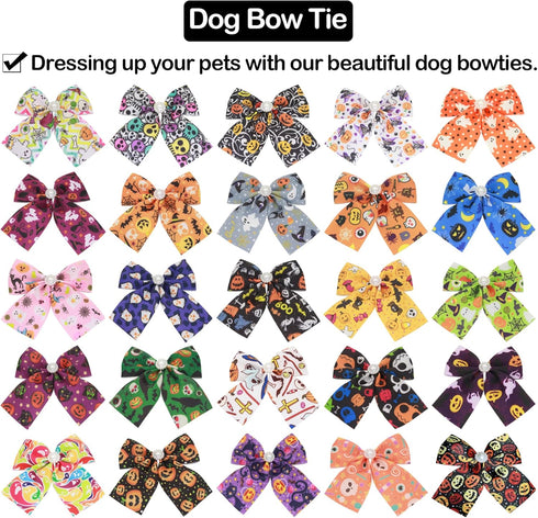 100pcs Halloween Dog Bow Ties Bulk Adjustable Neckties for Small Medium Dogs, 25 Set Pumpkin Patterns for Party Holiday