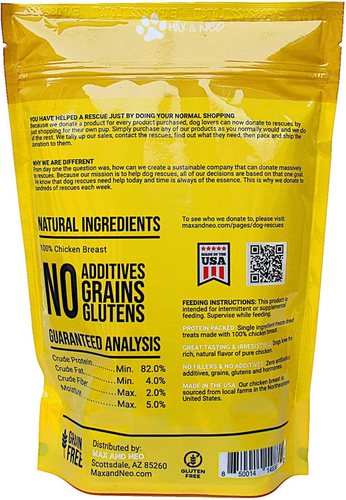 Max and Neo Freeze Dried Chicken Breast Dog Treats, Single Ingredient, Pasture Raised, Human Grade, USA
