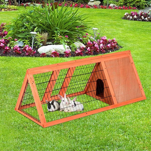 2 Garvee Wooden Rabbit Cage, A-Frame Chicken Coop Outdoor with Doors & Run, Triangle Rabbit Hutch with Ventilating