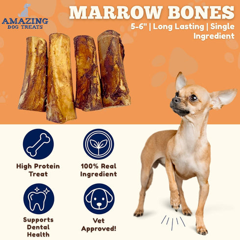 5-6 Inch (4 Count) Amazing Dog Treats - Meaty Beef Marrow Bones - Best for Dogs - Long Lasting Chew - Filled Marrow