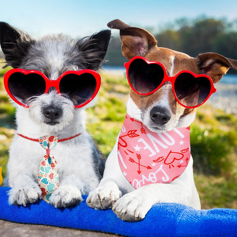 24 Pcs Valentine's Day Dog Bow Set with 10 Pcs 4th of July Dog Bow Ties, 10 Pcs Dog Neckties, 4 Dog Bandanas, Pet