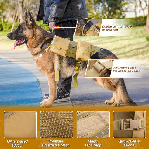 Tactical Dog Harness with Pouches - Adjustable Military Dog Vest Harness for Large Medium Dogs with Hook & Loop Panels,