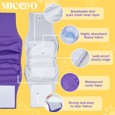 Pack 3 MICOOYO Male Dog Belly Bands Washable, Reusable Dog Diapers Male, Doggy Diapers for Puppy Training