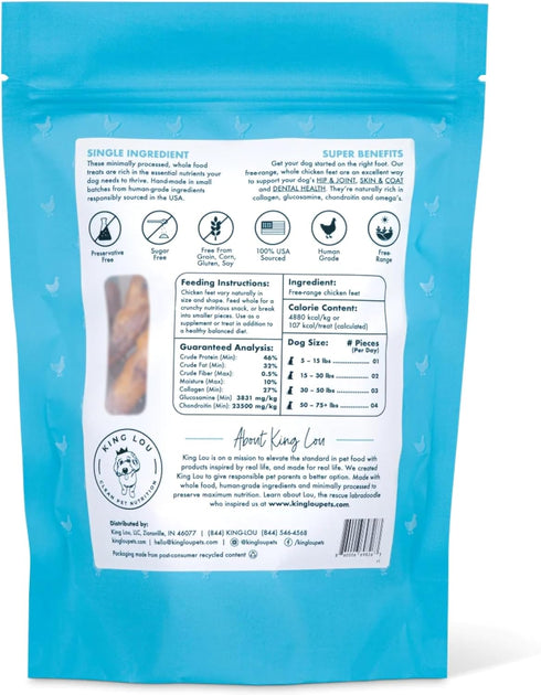 10 Count King Lou Pets - Whole Chicken Feet for Dog - Dehydrated Chicken Feet for Dog Treats - USA-Made Dental Treats