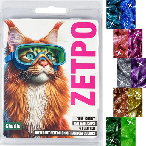 zetpo Cat Nail Caps with Adhesives and Applicators (M, 5X Glitter Random Colors, 100 pcs)