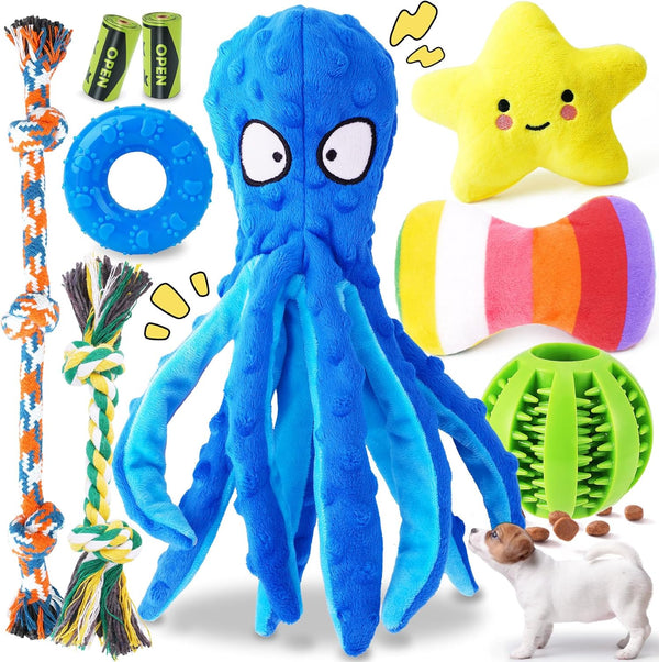 KIPRITII 9-Pack Interactive Puppy Dog Toys for Small Dogs No-Stuffing Squeaky Octopus-Shaped