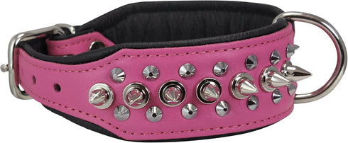 Dogs My Love Spiked Studded Genuine Leather Dog Collar, 1.75" Wide, 12-14.5" Neck, Pink/Black