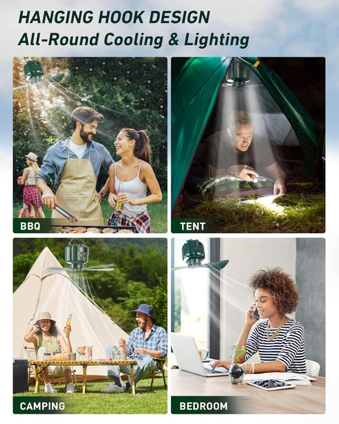 DUKUSEEK Tent Ceiling Fans for Camping Hanging, Portable Tent Fans with Light and Remote Control, Power Bank, USB