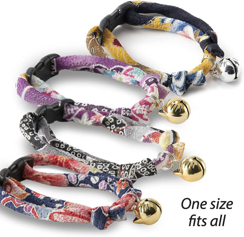 Necoichi Chirimen Hanabi Fireworks Cat Collar (Purple) with Bell, Safety Breakaway for Cats
