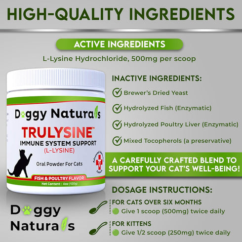 "Trulysine L-Lysine for Cats Immune Support Oral Powder 4oz/100g - Fish & Poultry Flavor for All Ages"
